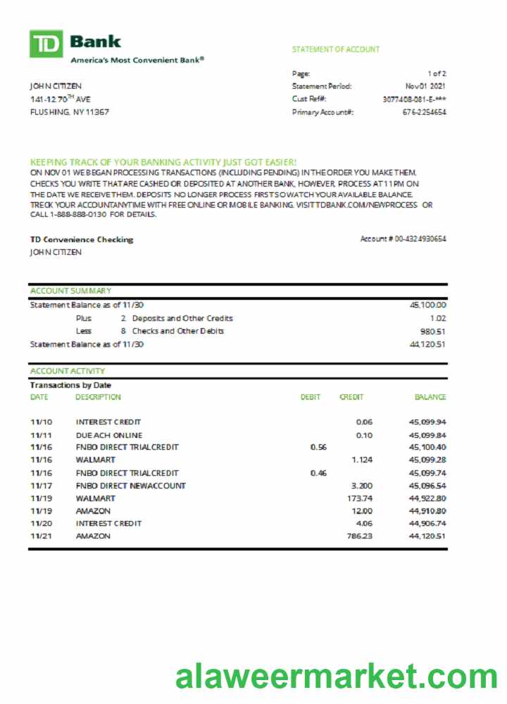 USA TD Bank excel pdf